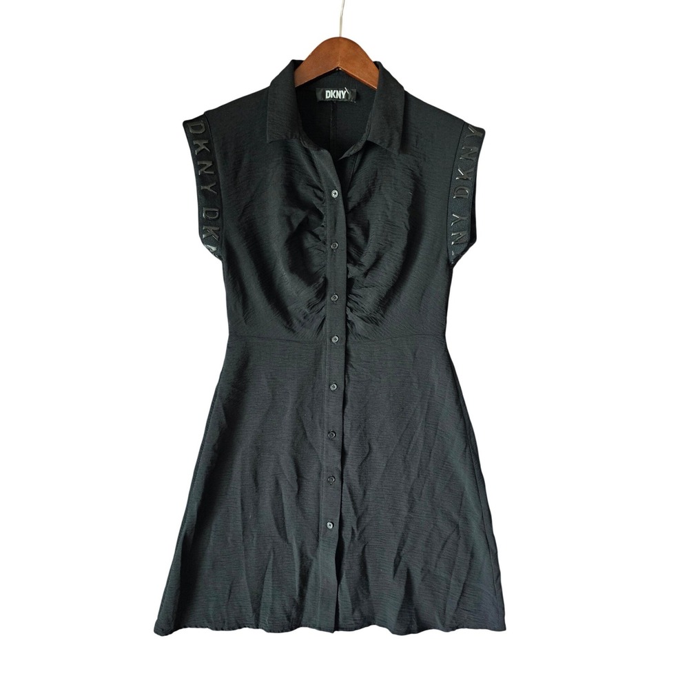 DKNY Womens Black Sleeveless Ruched Button Front Logo Tape Shirt Dress LBD
